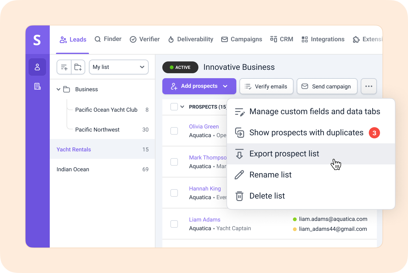 <span>Step 6:</span> Export or manage your contacts in Snov.io